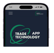 Mobile phone with a picture of trade technologies app to showcase the plug and play marketplace feature